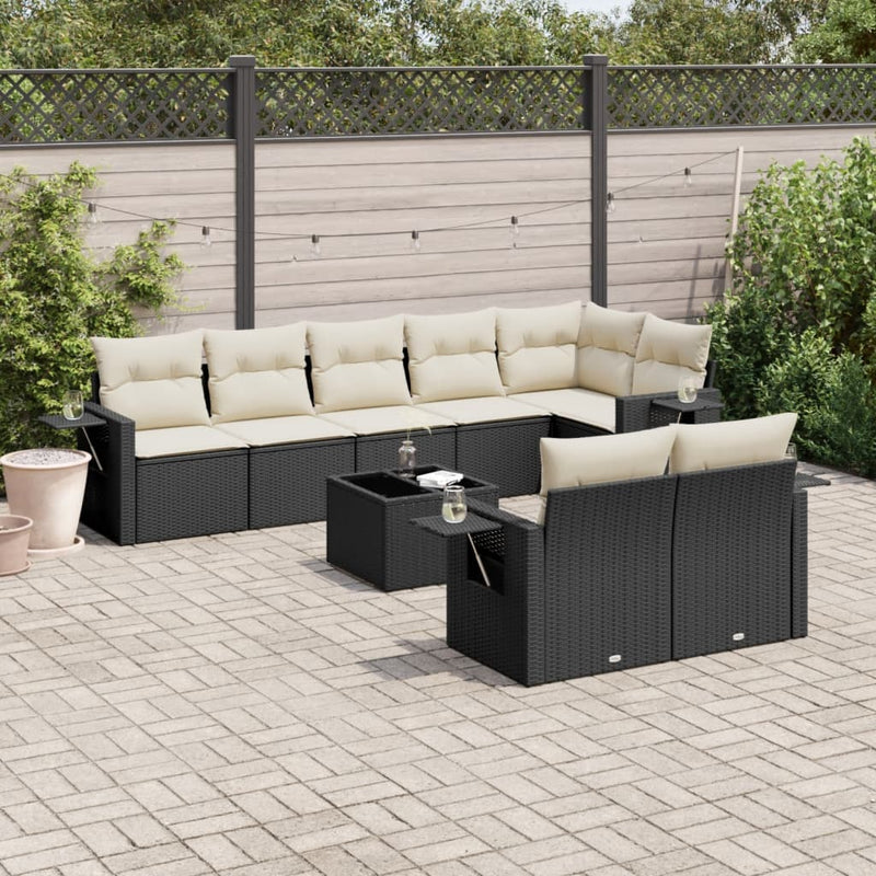 9-delige Loungeset met kussens poly rattan zwart