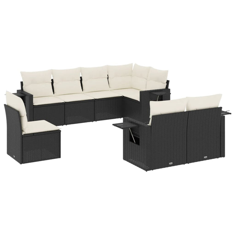 8-delige Loungeset met kussens poly rattan zwart