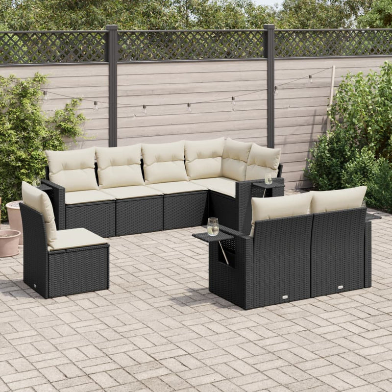 8-delige Loungeset met kussens poly rattan zwart