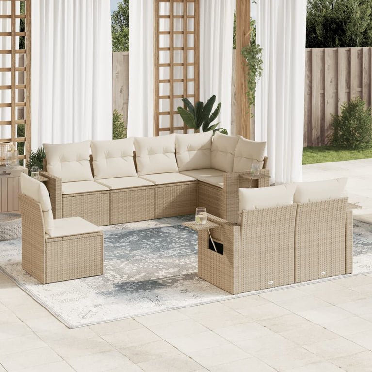8-delige Loungeset met kussens poly rattan beige