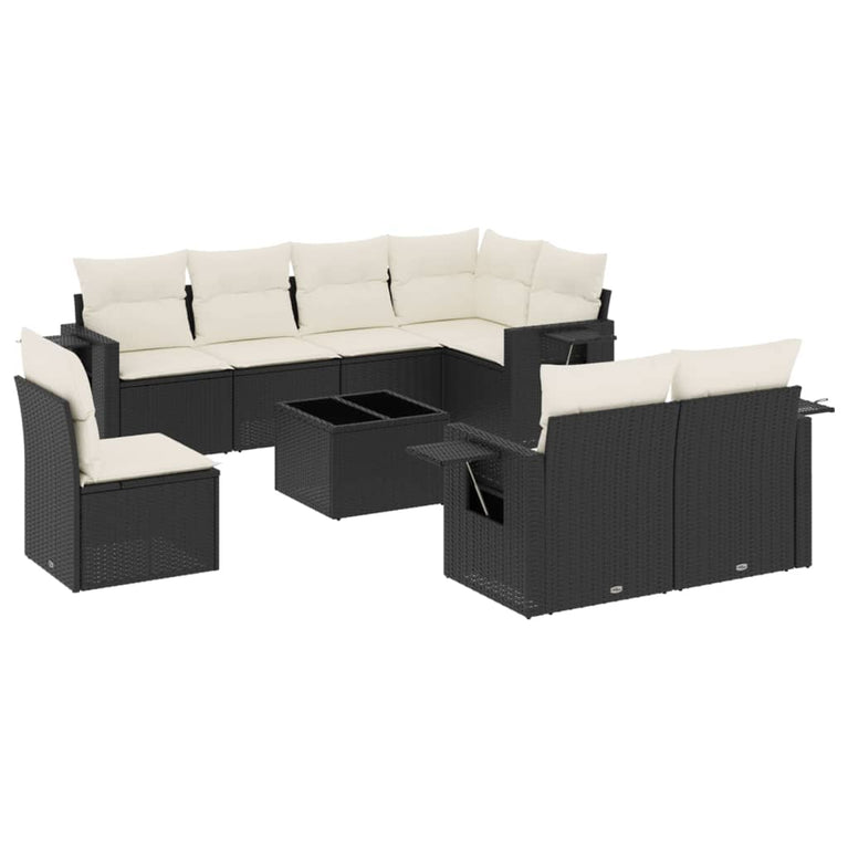 9-delige Loungeset met kussens poly rattan zwart