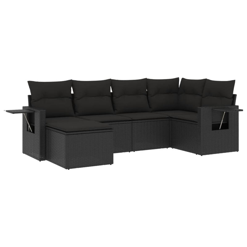 6-delige Loungeset met kussens poly rattan zwart