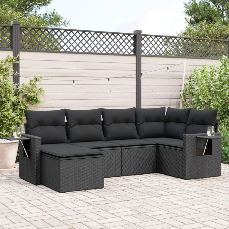 6-delige Loungeset met kussens poly rattan zwart