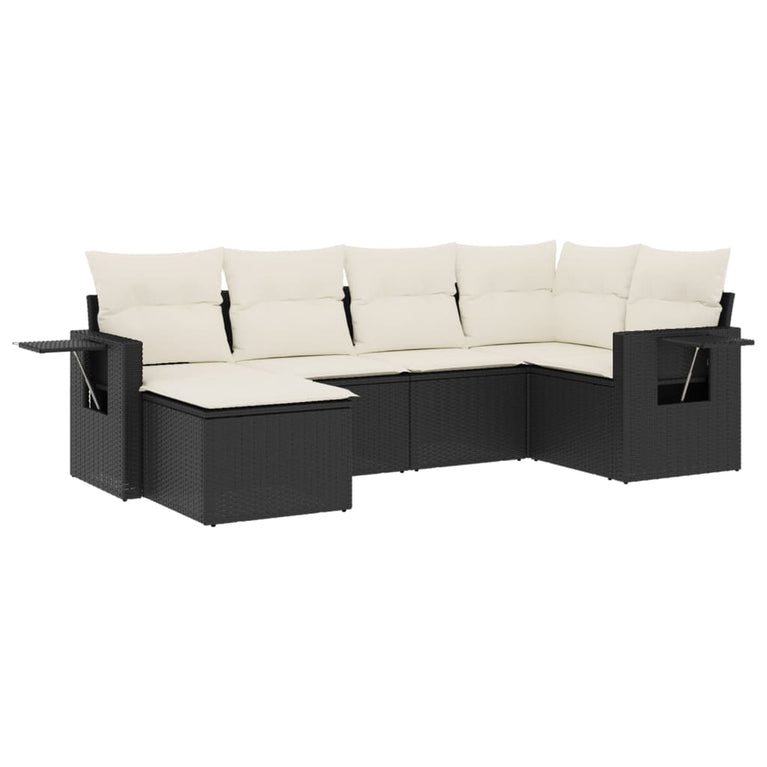 6-delige Loungeset met kussens poly rattan zwart
