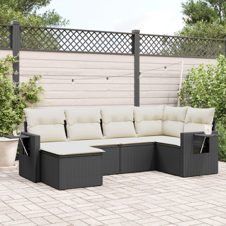 6-delige Loungeset met kussens poly rattan zwart