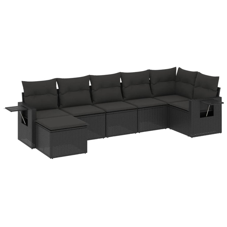 7-delige Loungeset met kussens poly rattan zwart