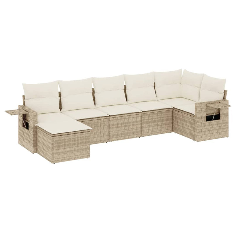7-delige Loungeset met kussens poly rattan beige