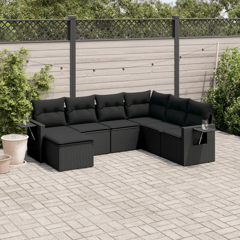 7-delige Loungeset met kussens poly rattan zwart