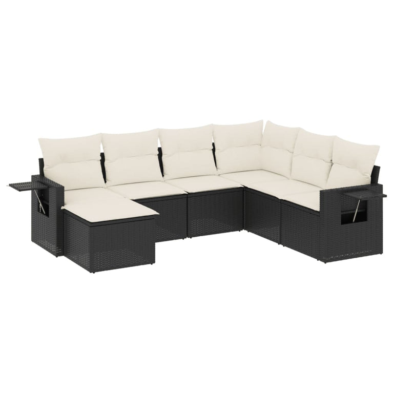 7-delige Loungeset met kussens poly rattan zwart