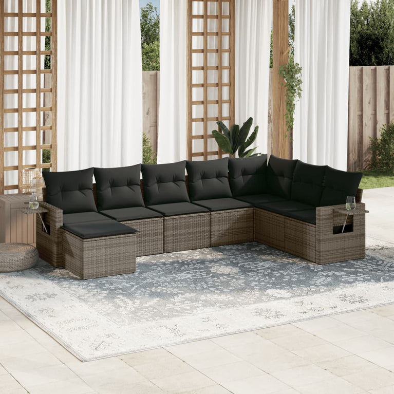 8-delige Loungeset met kussens poly rattan grijs
