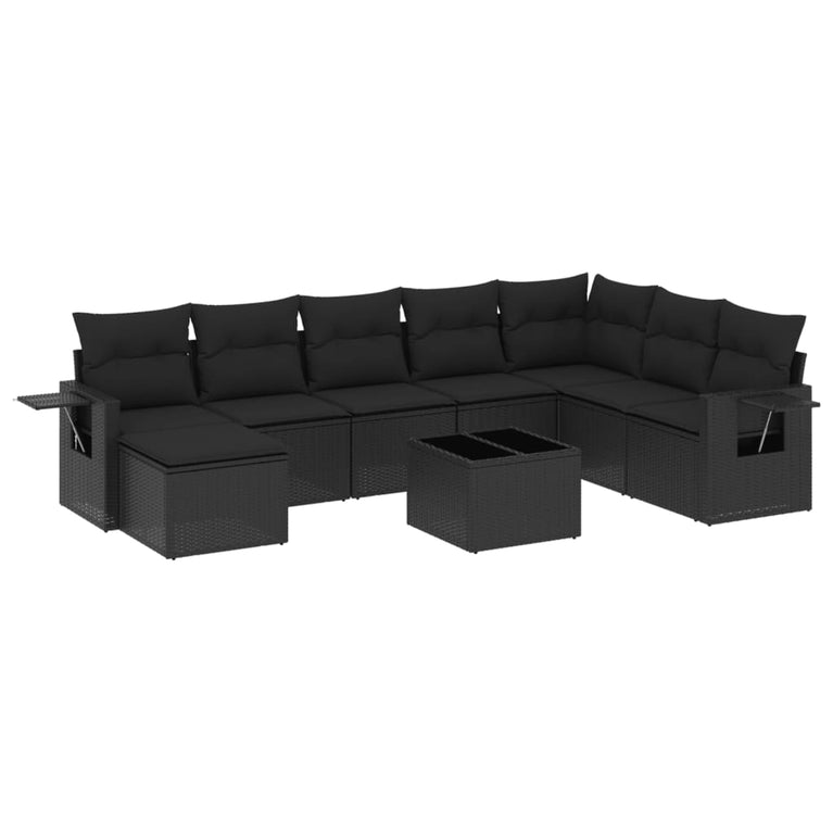9-delige Loungeset met kussens poly rattan zwart
