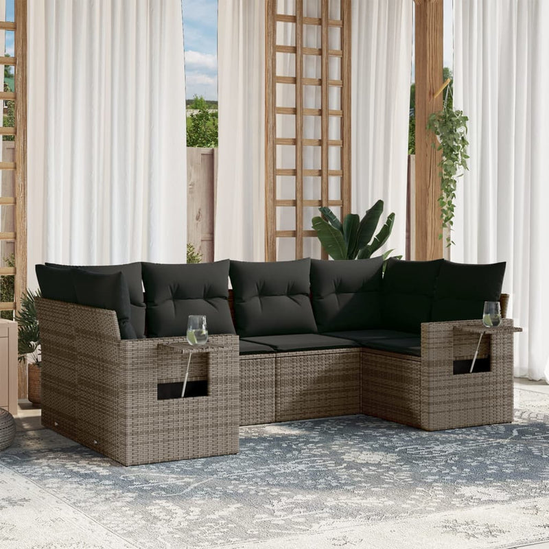 6-delige Loungeset met kussens poly rattan grijs