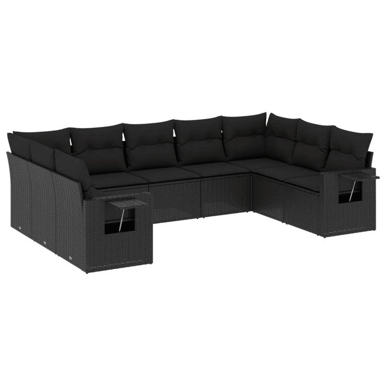 9-delige Loungeset met kussens poly rattan zwart