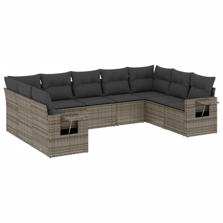 9-delige Loungeset met kussens poly rattan grijs