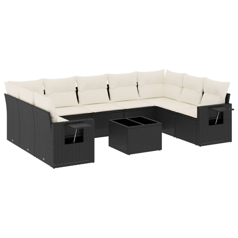 10-delige Loungeset met kussens poly rattan zwart