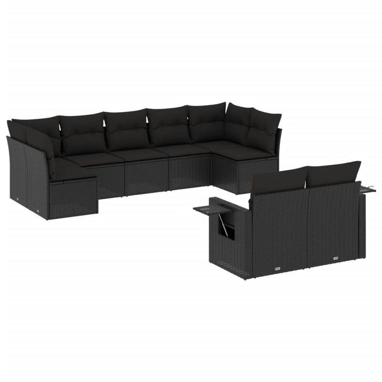 9-delige Loungeset met kussens poly rattan zwart