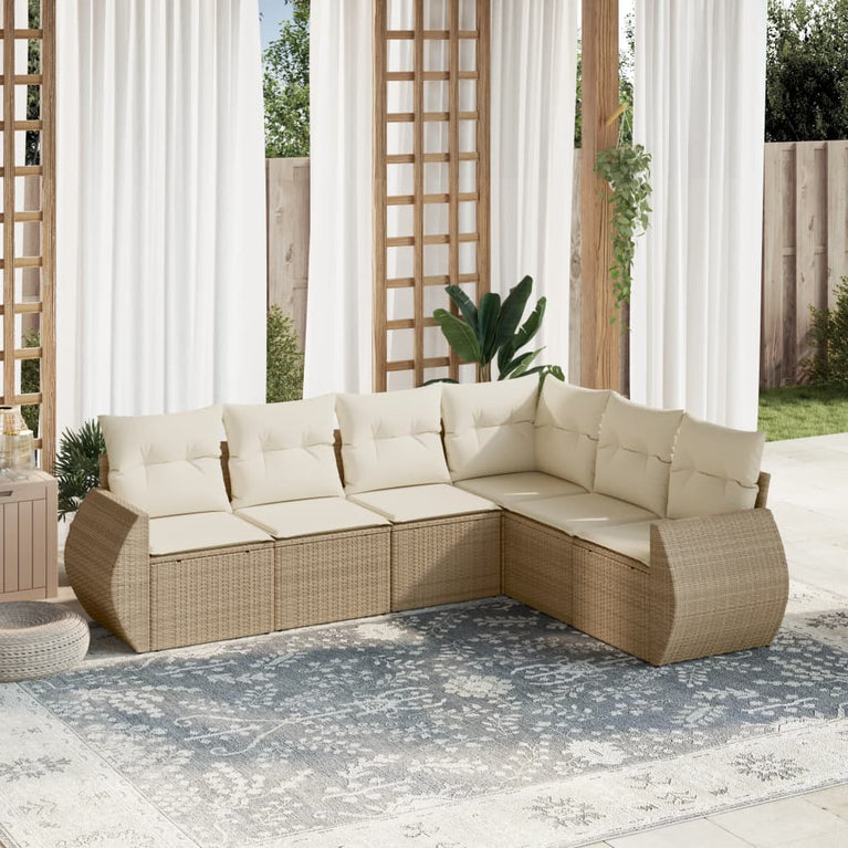 6-delige Loungeset met kussens poly rattan beige