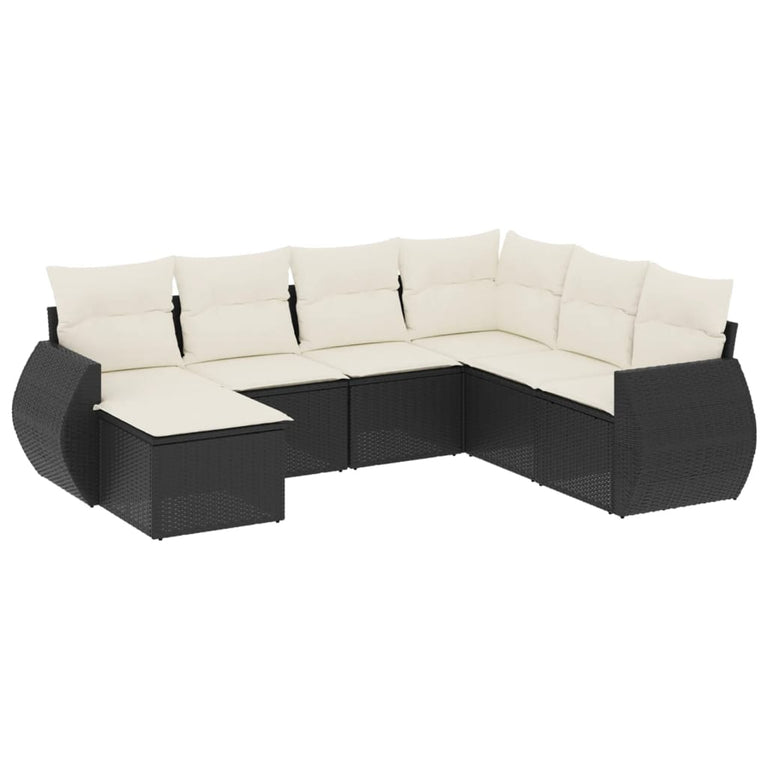 7-delige Loungeset met kussens poly rattan zwart