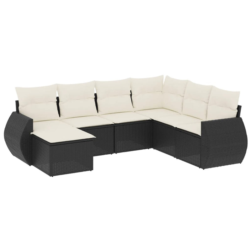 7-delige Loungeset met kussens poly rattan zwart