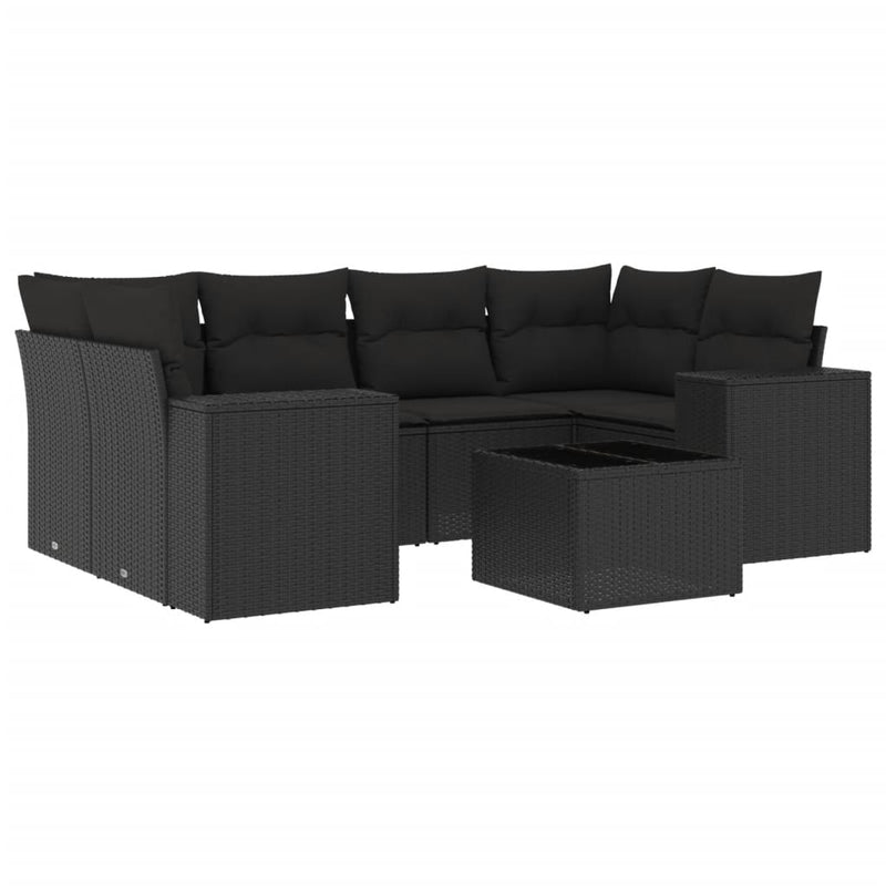 7-delige Loungeset met kussens poly rattan zwart