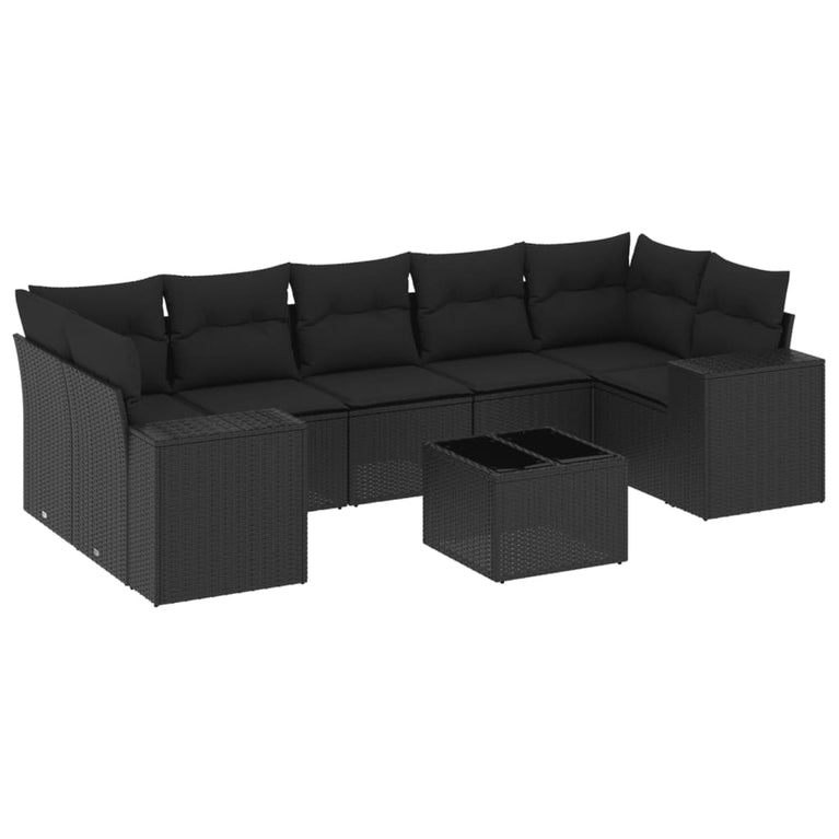 8-delige Loungeset met kussens poly rattan zwart