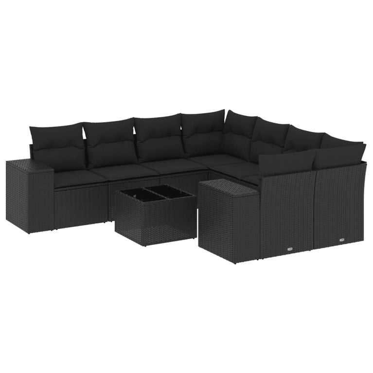 9-delige Loungeset met kussens poly rattan zwart