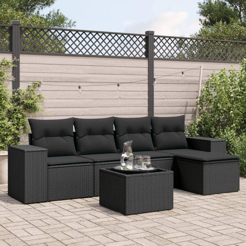 6-delige Loungeset met kussens poly rattan zwart