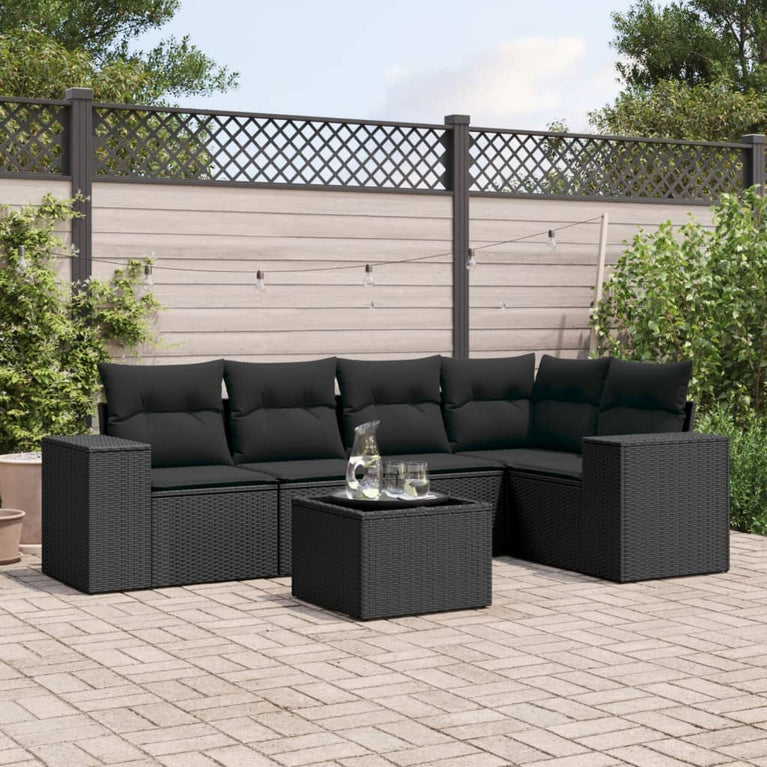 6-delige Loungeset met kussens poly rattan zwart