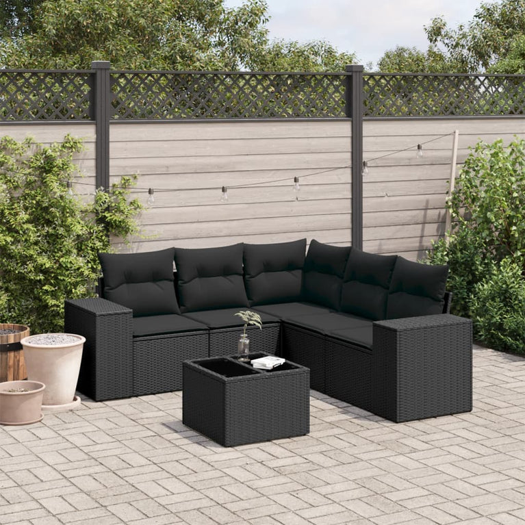 6-delige Loungeset met kussens poly rattan zwart