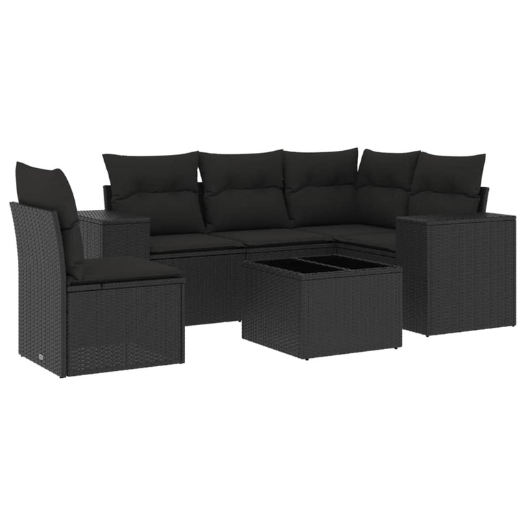 6-delige Loungeset met kussens poly rattan zwart