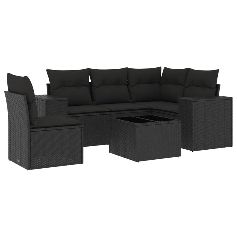 6-delige Loungeset met kussens poly rattan zwart
