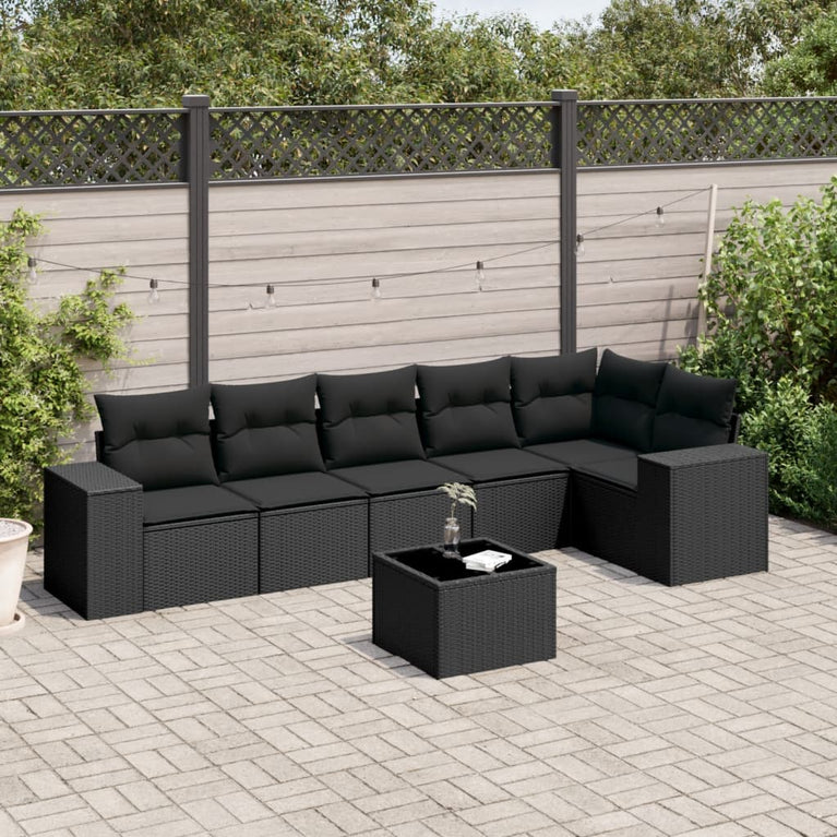 7-delige Loungeset met kussens poly rattan zwart