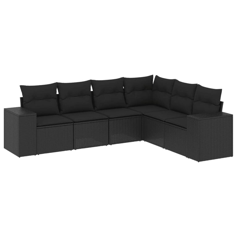 6-delige Loungeset met kussens poly rattan zwart