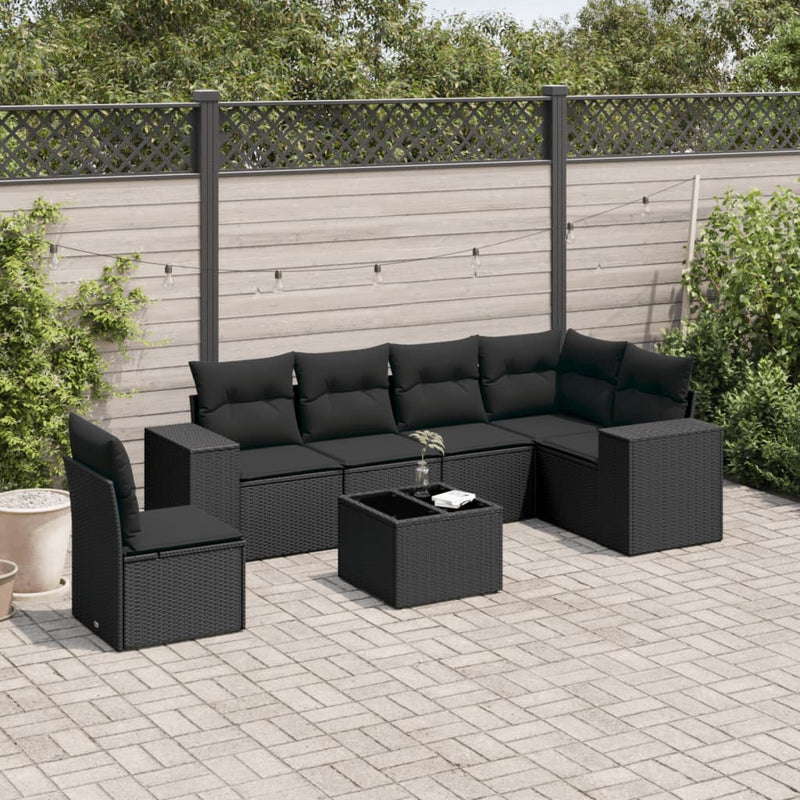 7-delige Loungeset met kussens poly rattan zwart