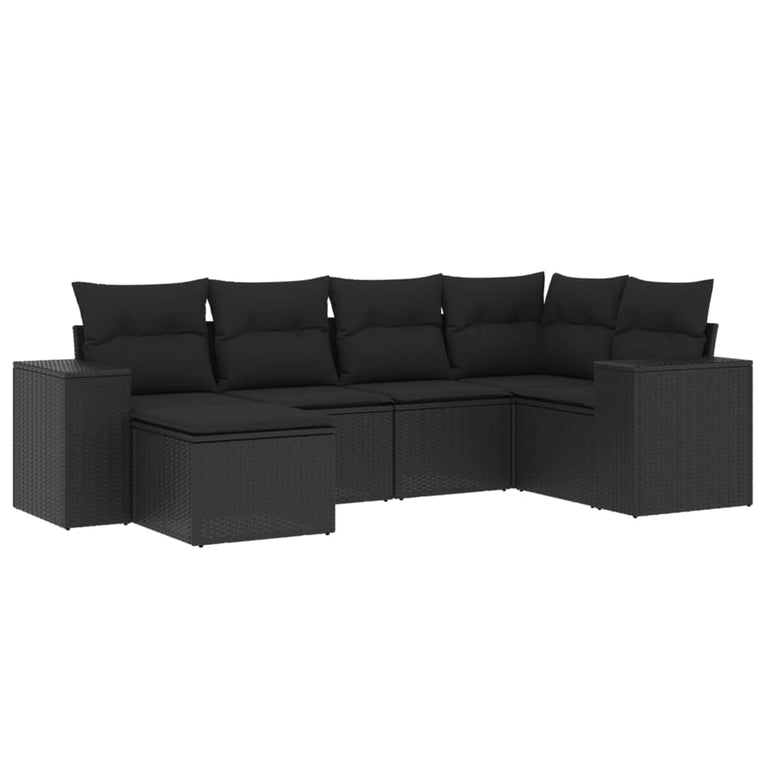 6-delige Loungeset met kussens poly rattan zwart