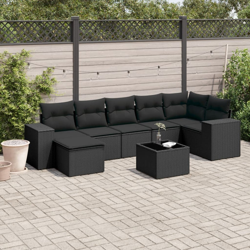 8-delige Loungeset met kussens poly rattan zwart