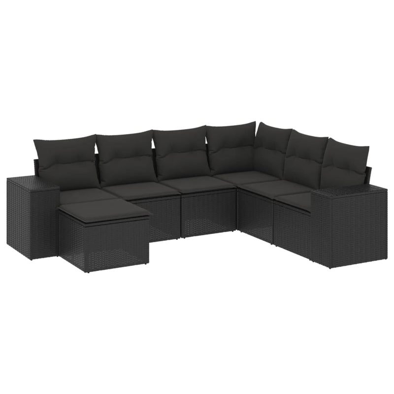 7-delige Loungeset met kussens poly rattan zwart