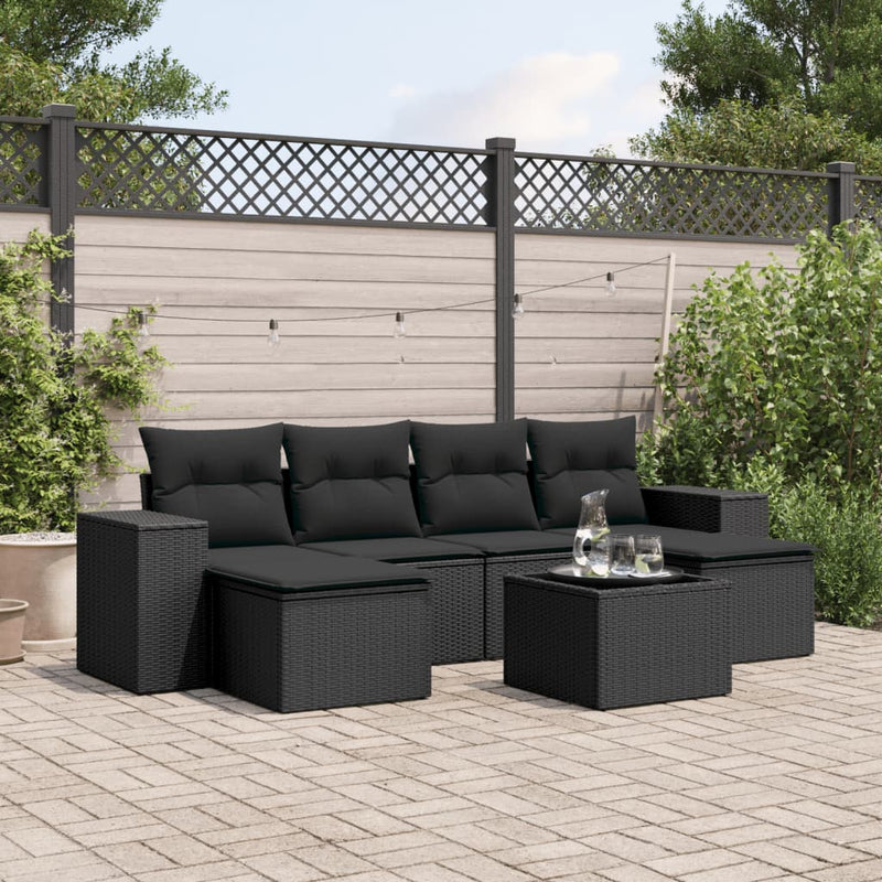 7-delige Loungeset met kussens poly rattan zwart