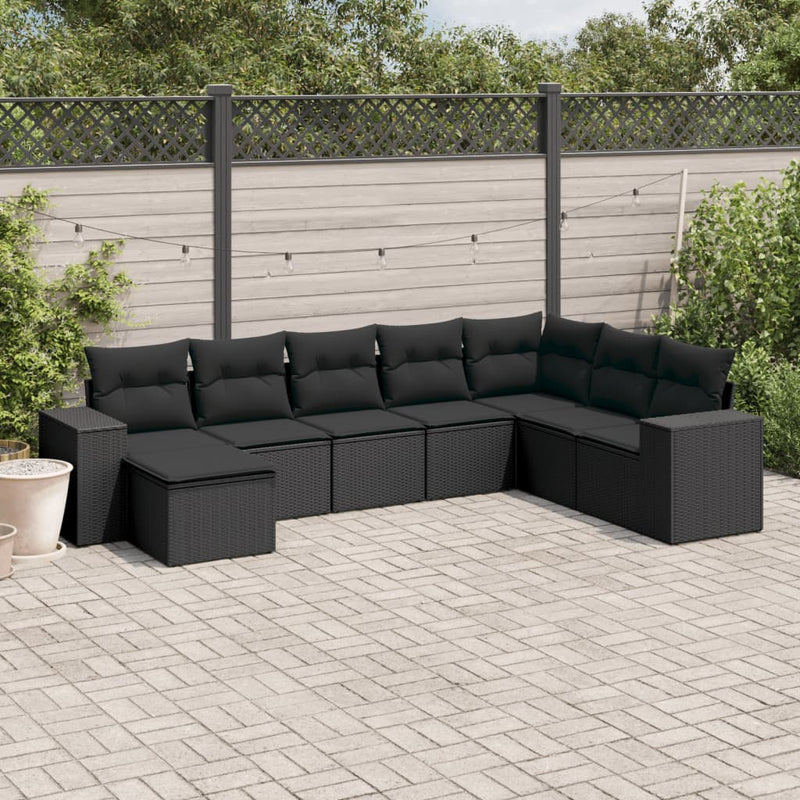 8-delige Loungeset met kussens poly rattan zwart