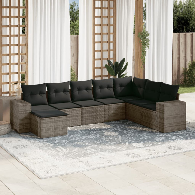 8-delige Loungeset met kussens poly rattan grijs