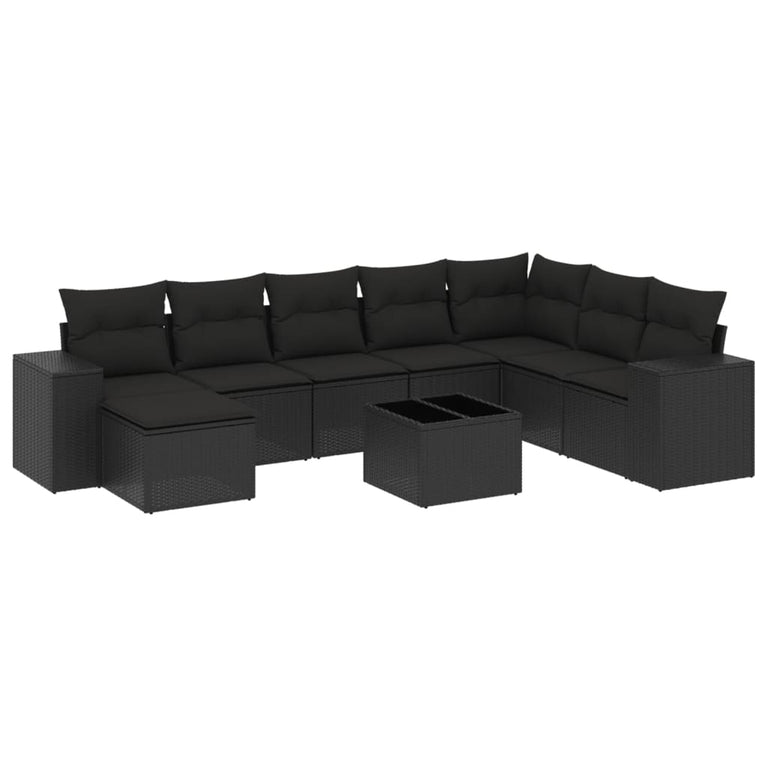9-delige Loungeset met kussens poly rattan zwart