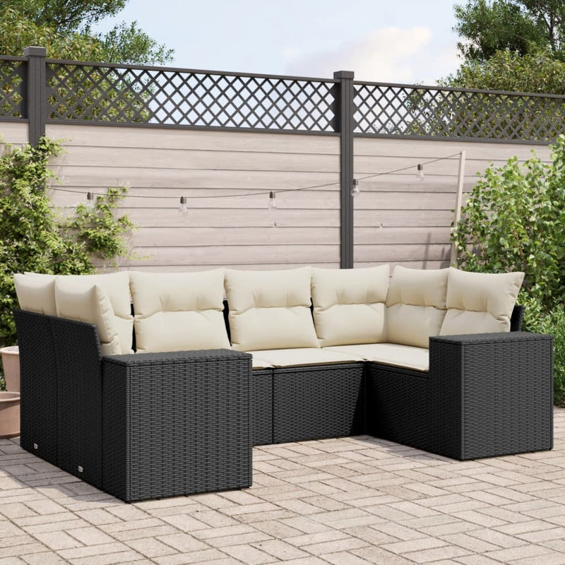 6-delige Loungeset met kussens poly rattan zwart