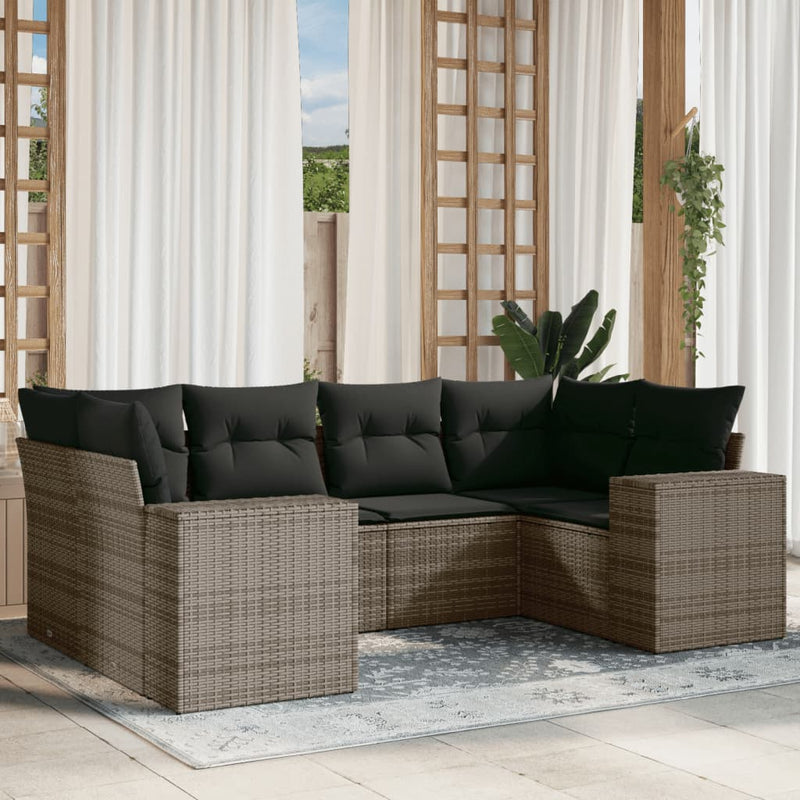 6-delige Loungeset met kussens poly rattan grijs