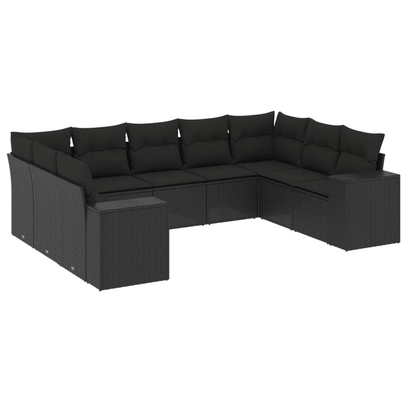 9-delige Loungeset met kussens poly rattan zwart