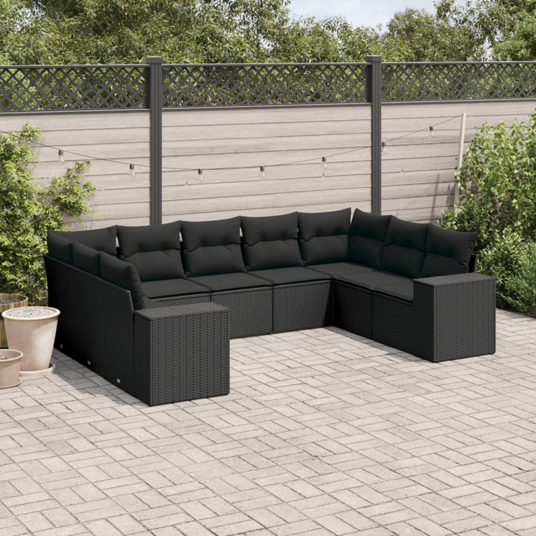 9-delige Loungeset met kussens poly rattan zwart