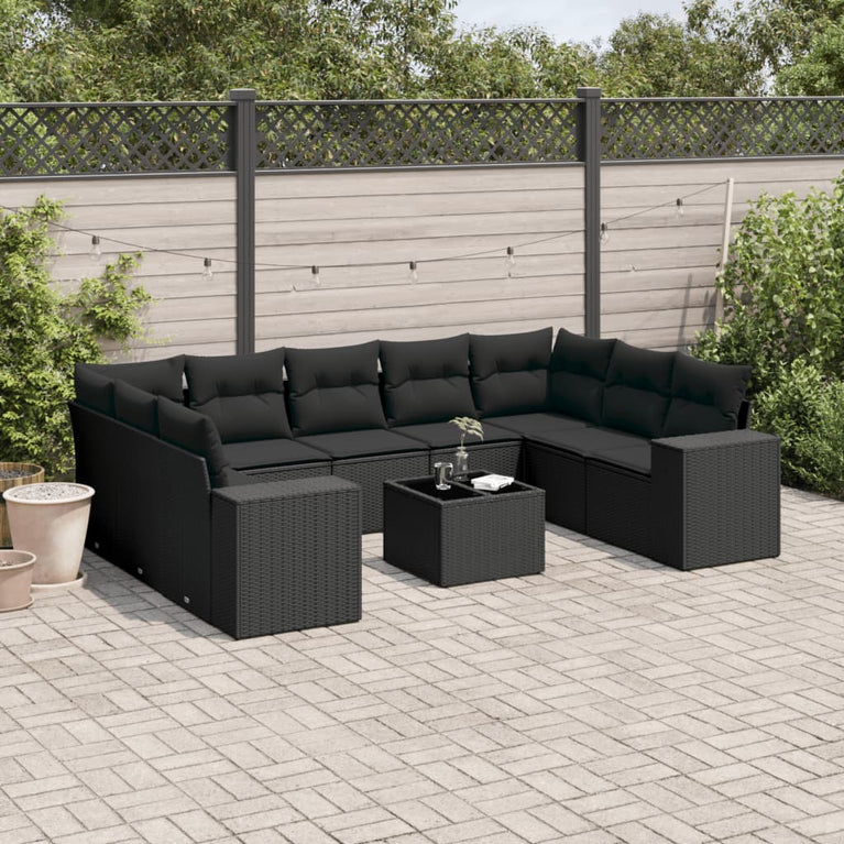 10-delige Loungeset met kussens poly rattan zwart