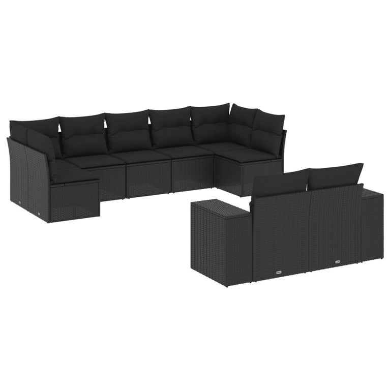 9-delige Loungeset met kussens poly rattan zwart