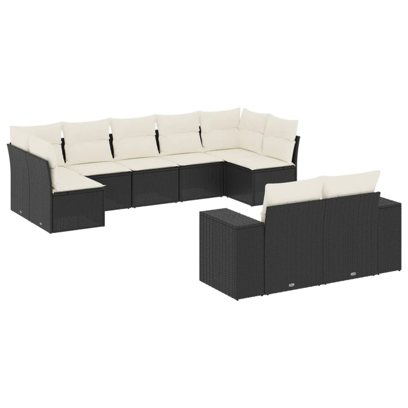 9-delige Loungeset met kussens poly rattan zwart
