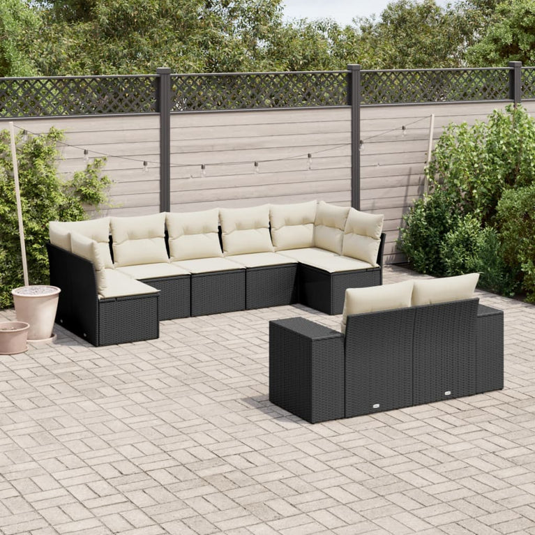 9-delige Loungeset met kussens poly rattan zwart