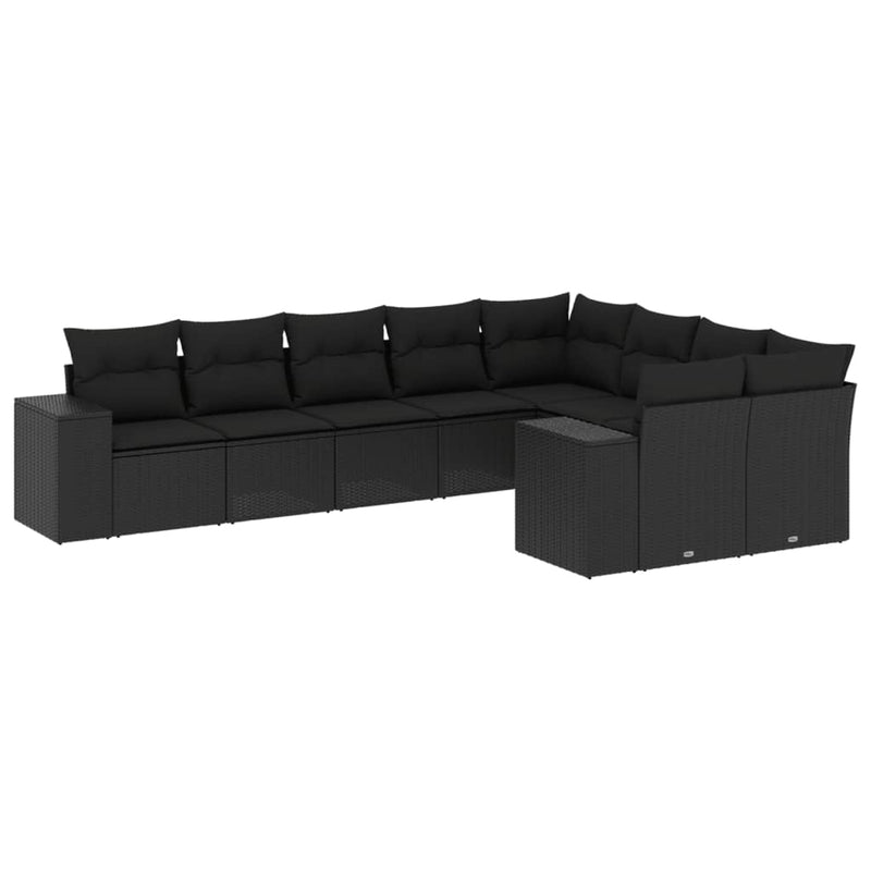 9-delige Loungeset met kussens poly rattan zwart